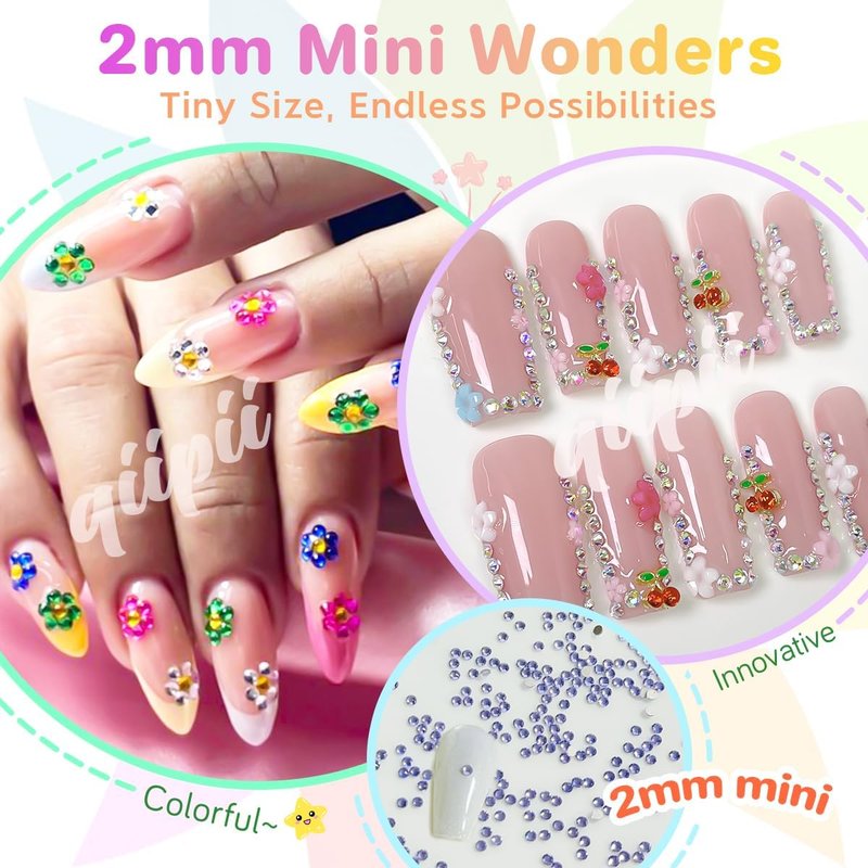 Qiipii 36 Color Tiny 2mm Jelly Resin Rhinestones - Flatback AB Gems for Nail Art, Crafts & Makeup