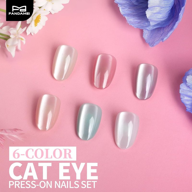 FANDAMEI Press On Nails - Short Almond & Oval Cat Eye Design | Glossy Nude Fake Nails Kit with Adhesive Tabs