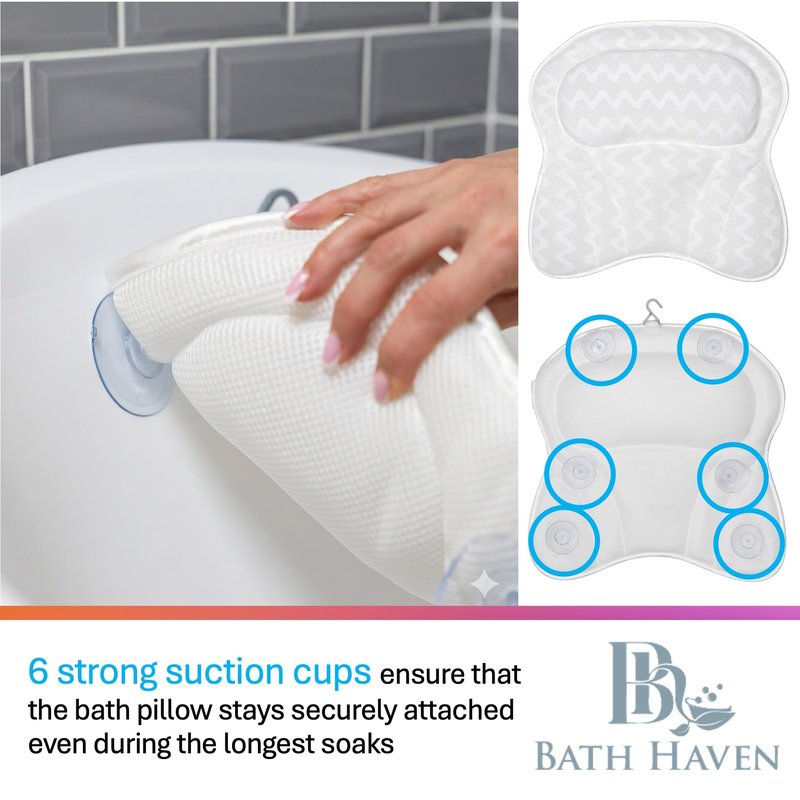 Bath Pillow Bathtub Pillow Back Neck Support Pillow, Spa Cushion for Tub, Relaxing Headrest Bath Pillow, Portable Washable Bathtub Accessories with 3D Air Mesh Thick Soft Cushion (Bright White)