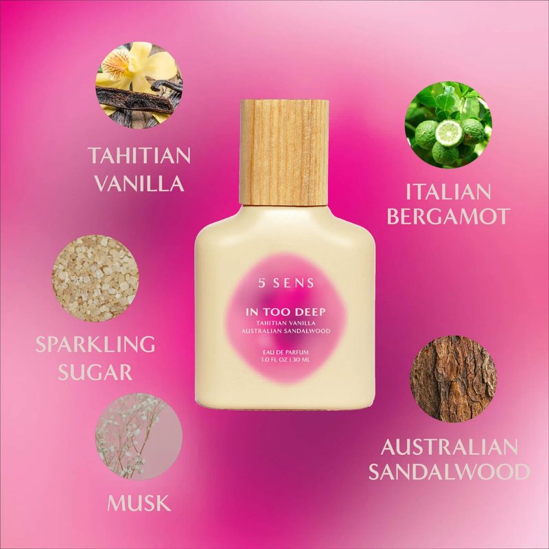 5 SENS In Too Deep Eau de Parfum Travel Spray (10 mL) - Clean, Long-Lasting Fine Fragrance - Gourmand with Tahitian Vanilla, Italian Bergamot, Sparkling Sugar, Sandalwood, Musk - Vegan, Cruelty-Free