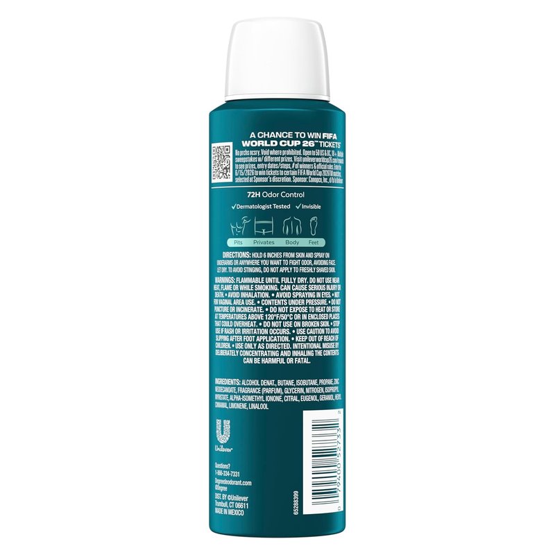 Degree Men Whole Body Deodorant Spray - Ocean Chill Scent | Aluminum-Free 72H Odor Protection, 2.9 oz
