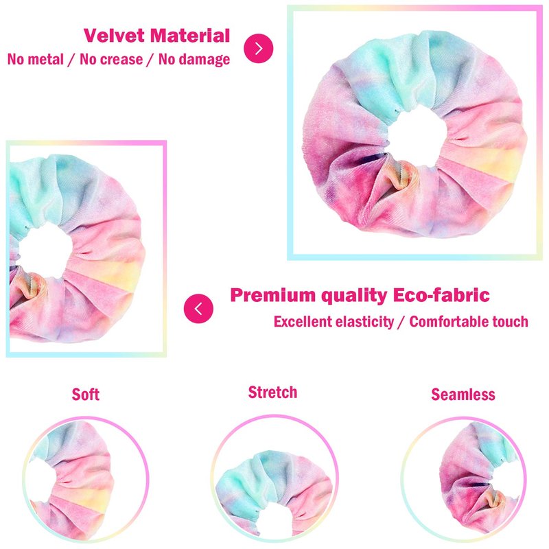 IVARYSS Scrunchies for Girls, 12 Pcs Tie Dye Velvet Scrunchies for Hair, Soft Rainbow Ponytail Holder, Cute Candy Colors Elastic Hair Bands for Teens and Women
