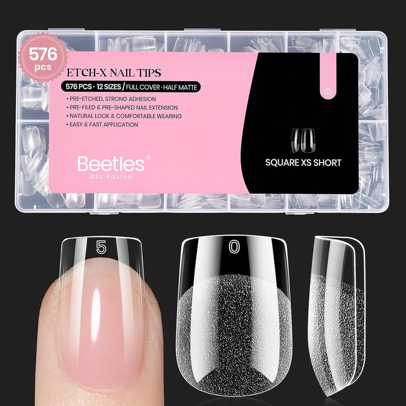 Beetles Short Square Nail Tips - 576PCS in 12 Sizes | Half Matte Clear Acrylic Press-On Nails