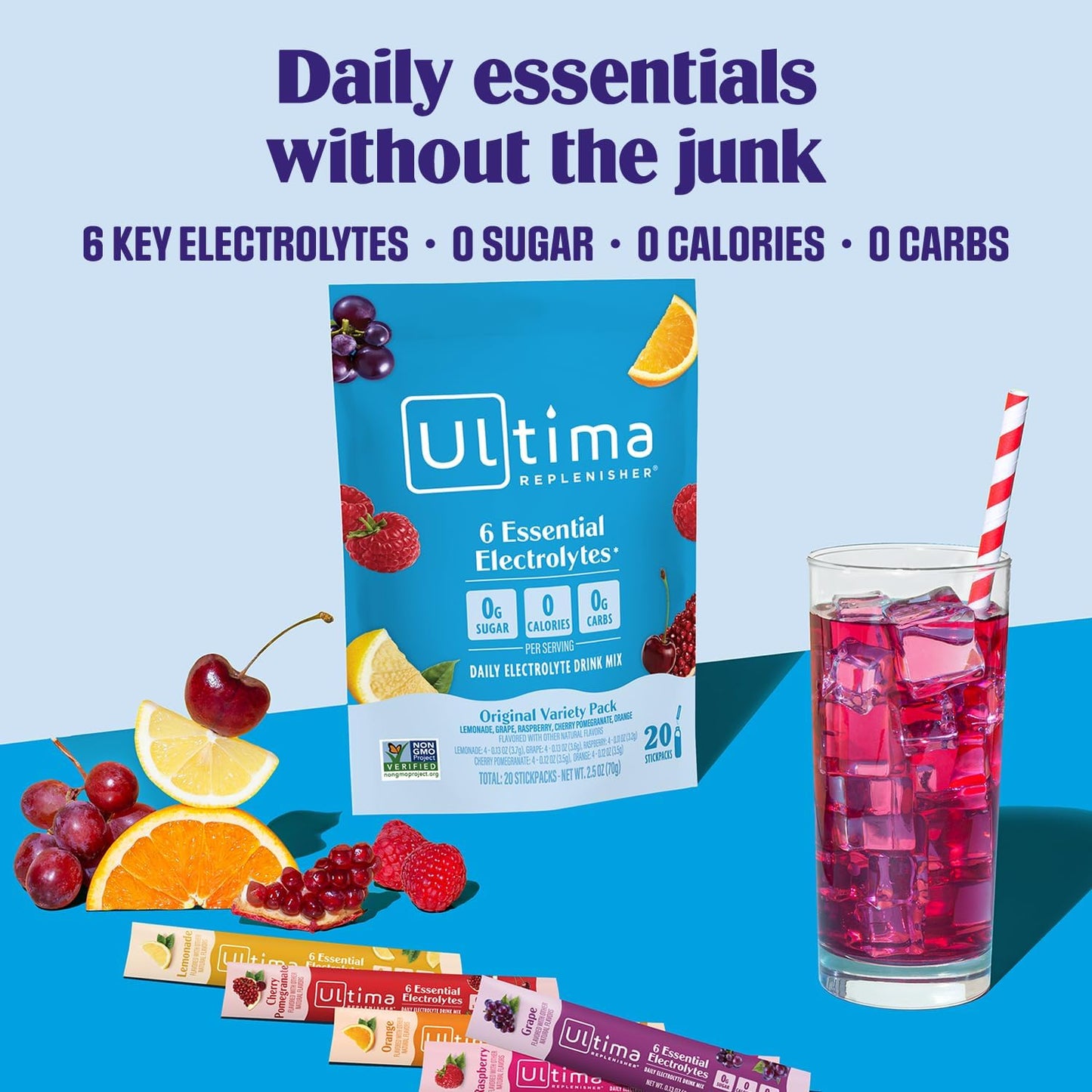 Ultima Replenisher Electrolyte Powder - Zero Sugar Hydration Packets | Original Variety Pack, 20 Stickpacks