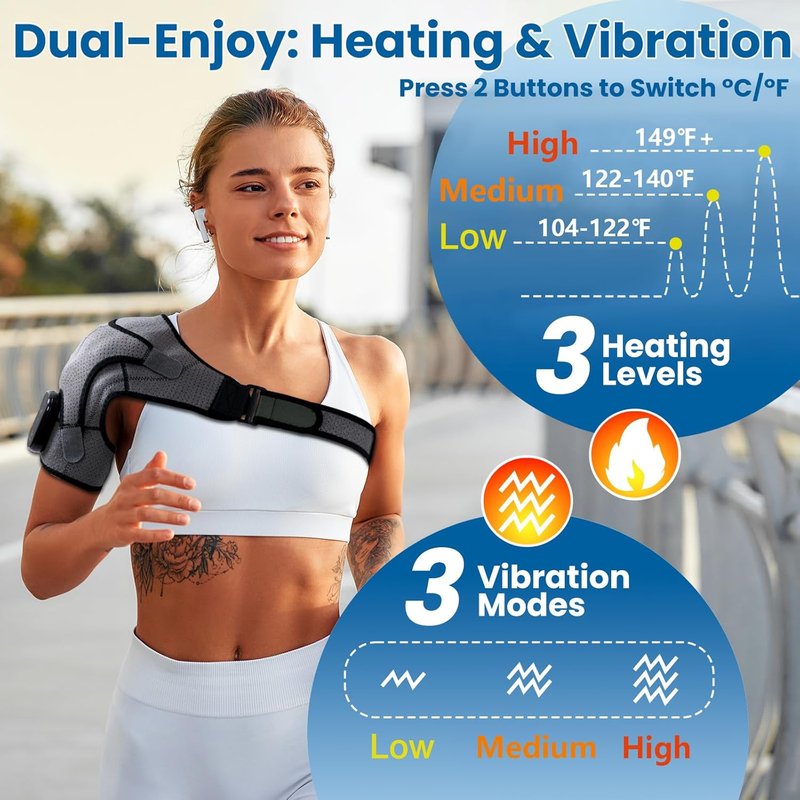 Cordless Shoulder Heating Pad - Electric Heated Wrap with Massage | 3 Vibration Levels & 3 Heat Settings for Rotator Cuff Pain Relief, Rechargeable 5000mAh Battery