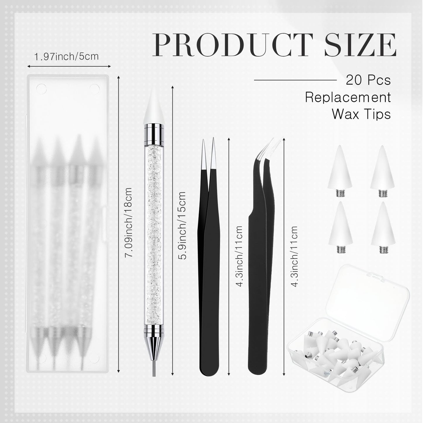 Tatuo 4 Set/26 Pcs Rhinestone Picker Tool Dotting Pen Dual-ended Nail Art Rhinestones Applicator Gems Crystals Beads Picker Wax Pencil with 20 Wax Head 2 Tweezers DIY Nail Art Tool(White,Black)