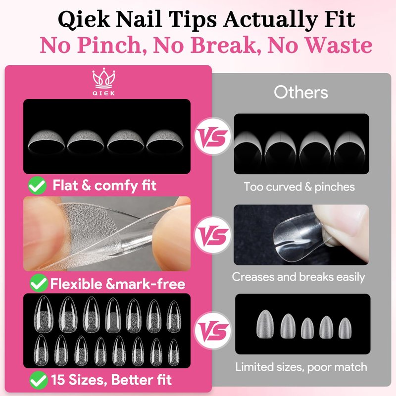Qiek Medium Almond Fake Nail Tips, 15 Sizes 240 PCS Clear Half Matte Press On False Nail Tips Pre-shaped Full Cover Gel Nail Acrylic Soft Tips Extensions Thick Long Lasting for Home DIY Nail Salon