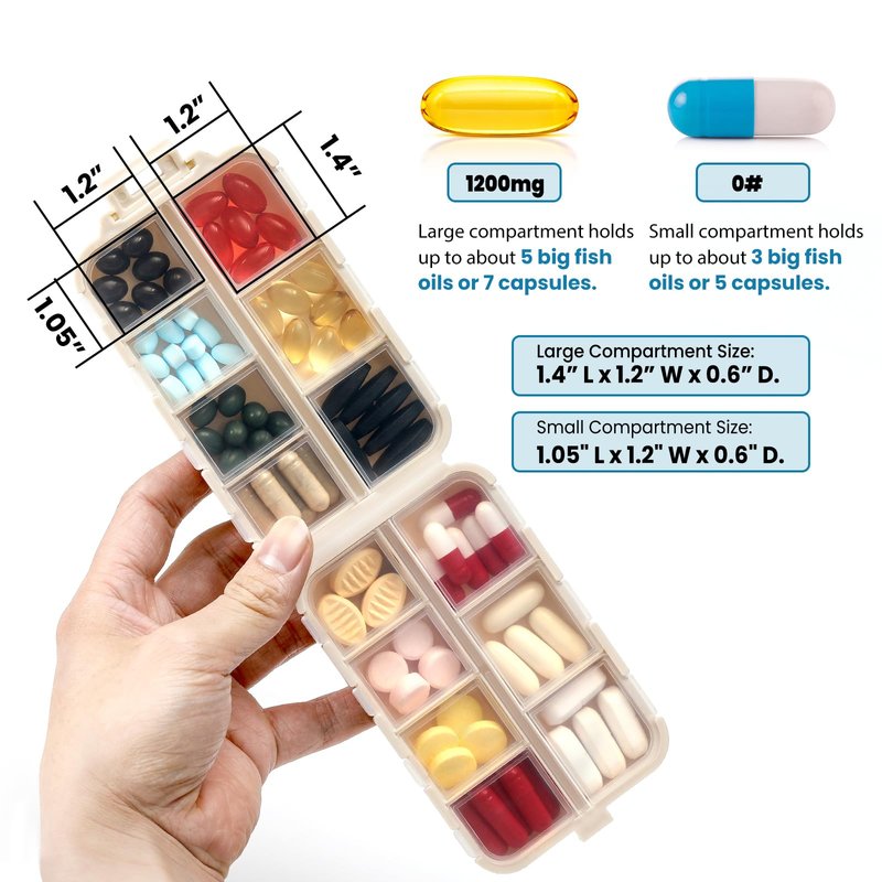 LANDNEOO 14 Grids Pill Organizer Box with Labels, Travel Medication Holder Dispenser Case Kit, Pocket Daily Pharmacy Container for Fish Oil Vitamin Supplement Storage, Khaki Pink Grey, 3 Pack