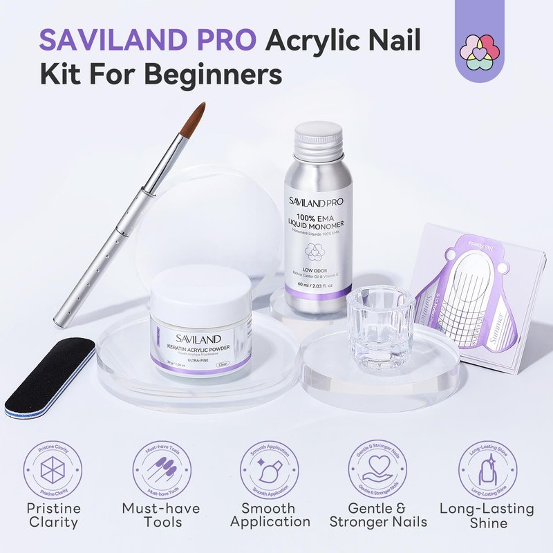 SAVILAND Acrylic Nail Kit Low Odor: Bio-Sourced Nail Kit Acrylic Set with Bio-Based Keratin Clear Powder and Liquid Set Size 12 Kolinsky Brush File Forms & Tools for Professionals Home Salon Manicure