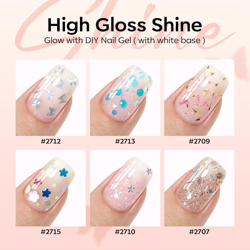 modelones Gel Nail Polish Set, 6 Colors Dried Flower Laser Butterfly Blue Pink Star Shape Ornament Glitter Gel Polish Collection with Wooden Stick All Seasons Soak Off LED Manicure DIY Gift