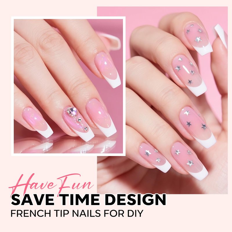 modelones French Tip Press on Nails, 150Pcs Long Square Fake Nails with Nail Box, Pink & White Gel Nail Tips for Women, Soft Glue-On Nails for Natural Salon Look, DIY Nail Art Kit (15 Sizes)