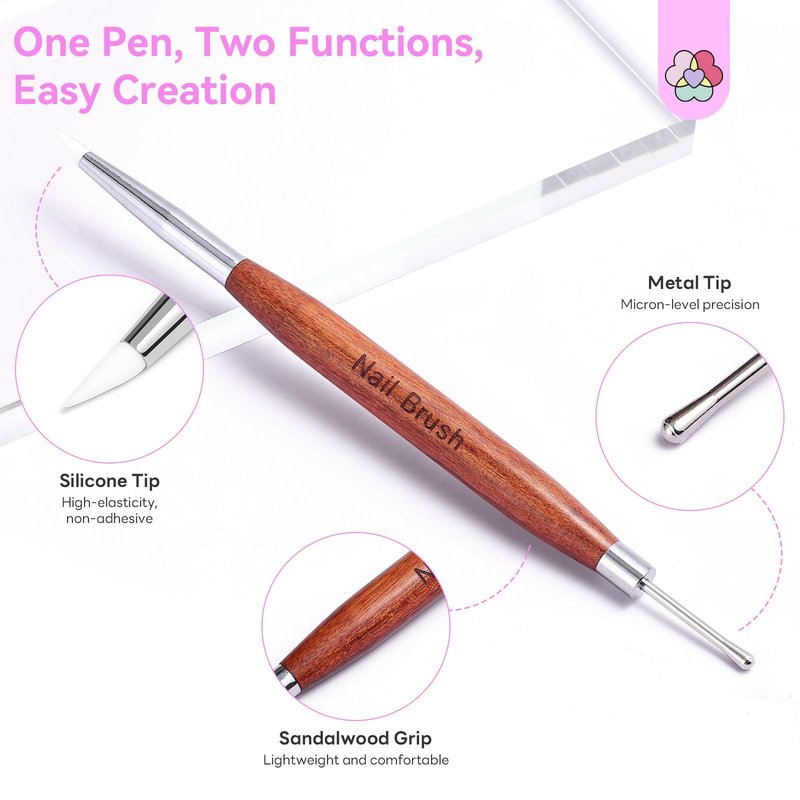 SAVILAND Nail Art Sculpture Pen: Silicone & Metal Dual Tipped Nail Brushes Silicone Nail Art Tools for Design Nail Foil Carving Drawing Shaping Effect Nail Art Pens Sandalwood Handle for Home DIY