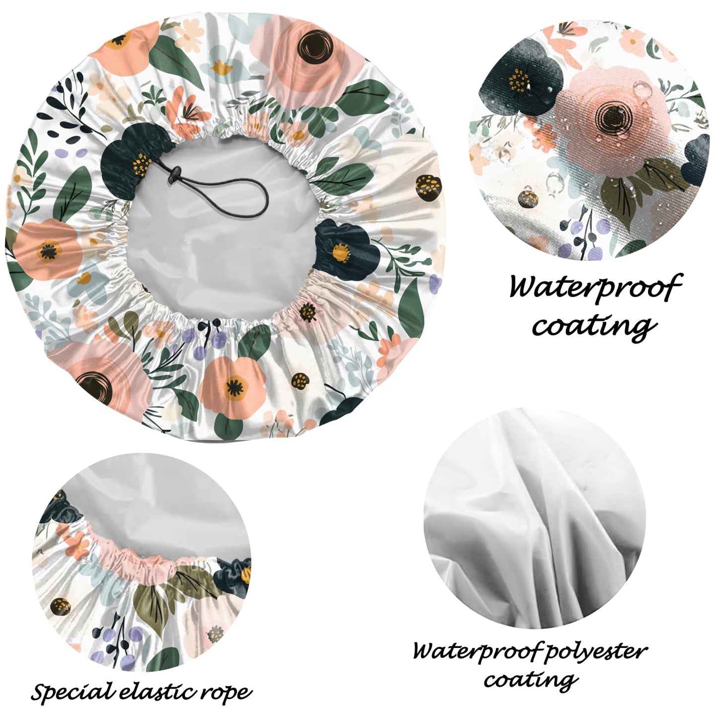 Deokke 2 PCS Shower Cap Reusable Waterproof Adjustable Double Layer Elastic Dry Hair Bathing Caps Aesthetic Cute for Women Girls-Pink Flower