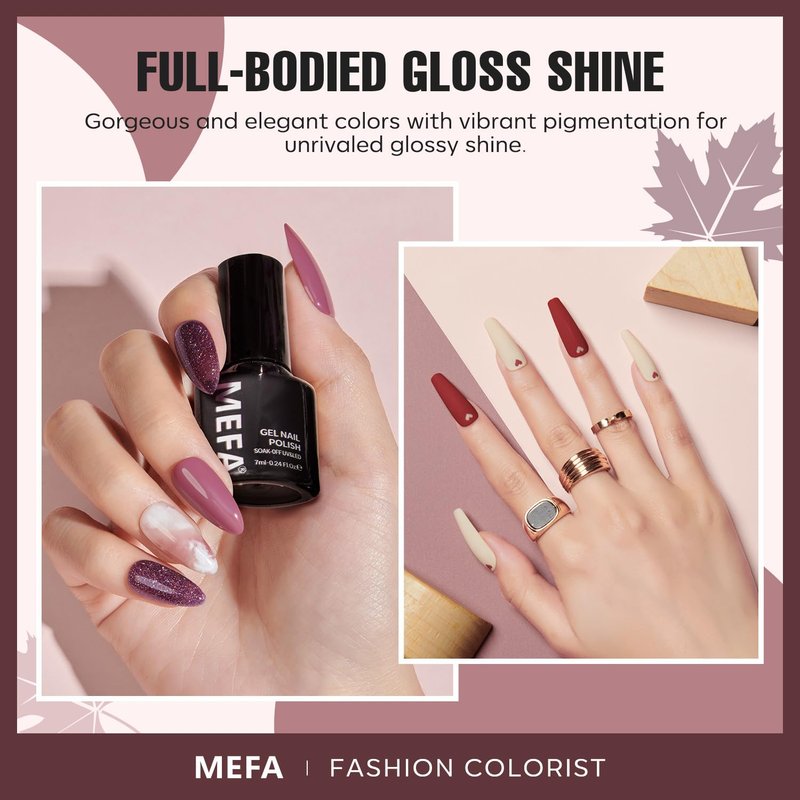 MEFA Gel Nail Polish Set, 12 Colors Fall Burgundy Red Nail Polish Set Champagne Gold Glitter Nail Polish Gel Soak Off Dark Red Purple Shimmer Nude Brown Manicure Gifts for Women Girl DIY Salon Home