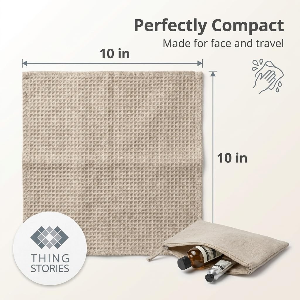 Thing Stories Flax Linen Washcloths for Bathroom - Waffle Washcloths 4-Pack 10x10 inch - Linen Face Cloths - Waffle Weave Cleaning Cloths with Loop - Exfoliating Face Towel for Women