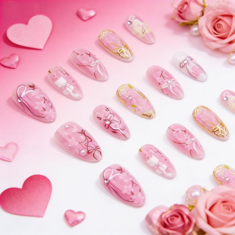 Pink Flower Press-On Nails - 30 Pcs Medium Almond with 3D Rhinestones & Gold Glitter | Spring Cat Design