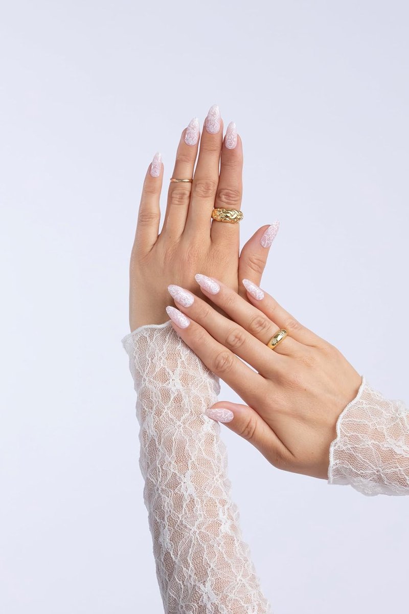 Press On Nails - Beige Lace Almond Fake Nails | 30 Nails in 15 Sizes, Reusable Salon Quality
