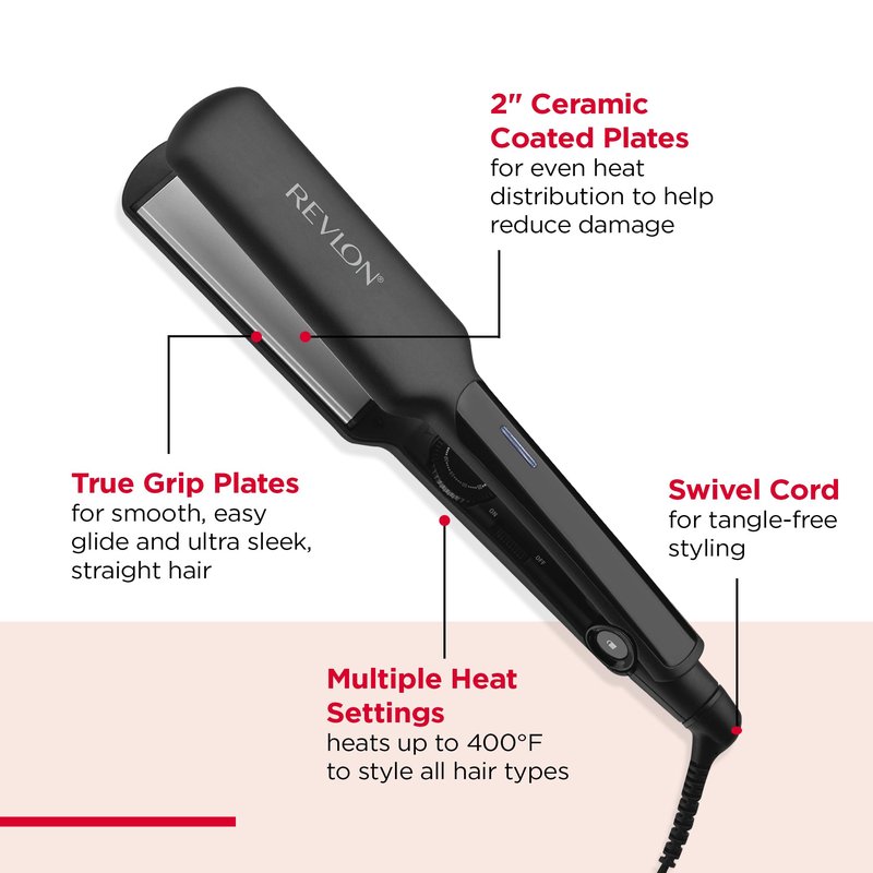 REVLON Ceramic Coated 2" Flat Iron - Fast Heating Hair Straightener for Quick and Smooth Results, Plus Travel Friendly (Black)