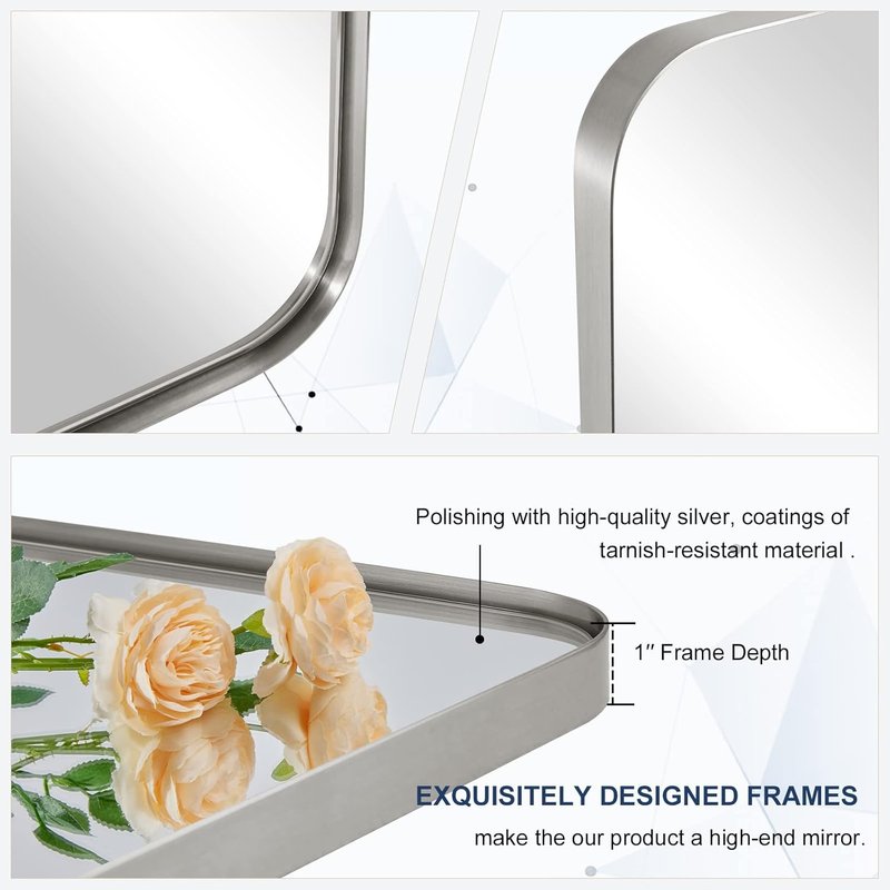 Brushed Nickel Bathroom Mirror - 24”x40” Modern Rounded Corner Design | Stylish Metal Frame