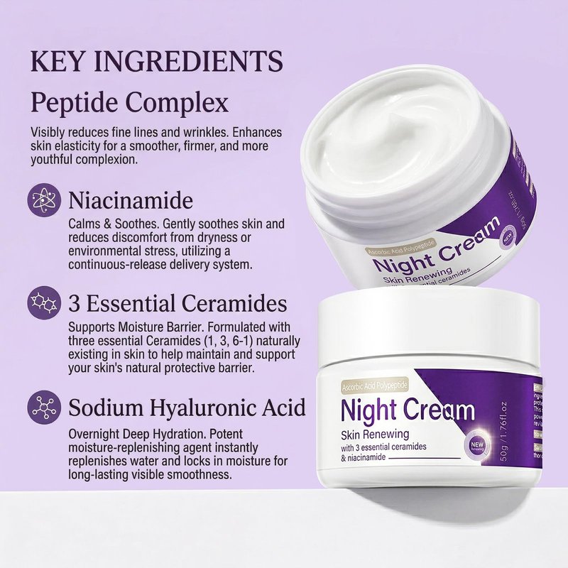 PIFLAT Skin Renewing Night Cream Face Moisturizer with Niacinamide, Peptide Complex, Hyaluronic Acid & Ceramides | Visibly Reduces Fine Lines & Enhances Skin Elasticity | For All Skin Types