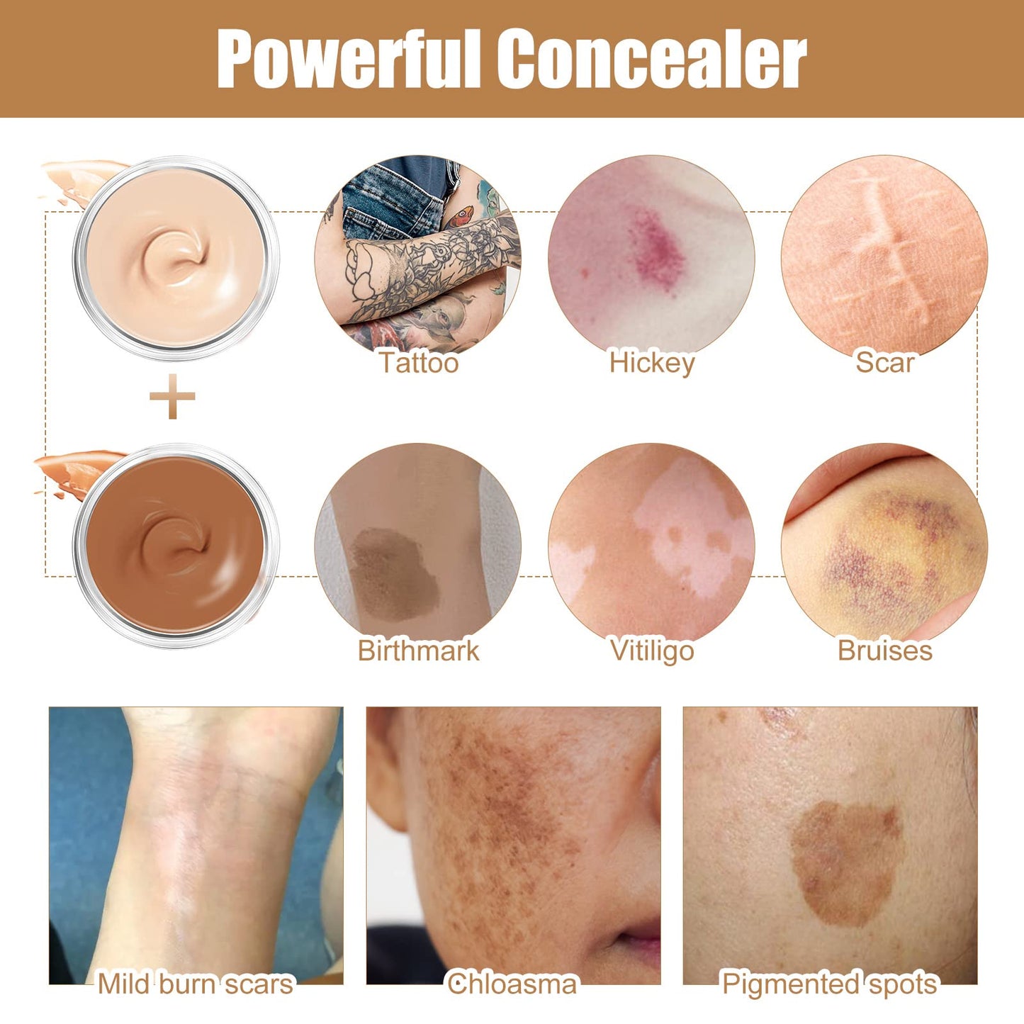 Tattoo Cover Up Makeup Waterproof, 2 Colors Full Coverage Concealer for Tattoos, Scars & Dark Spots, Sweatproof & Transfer-Resistant