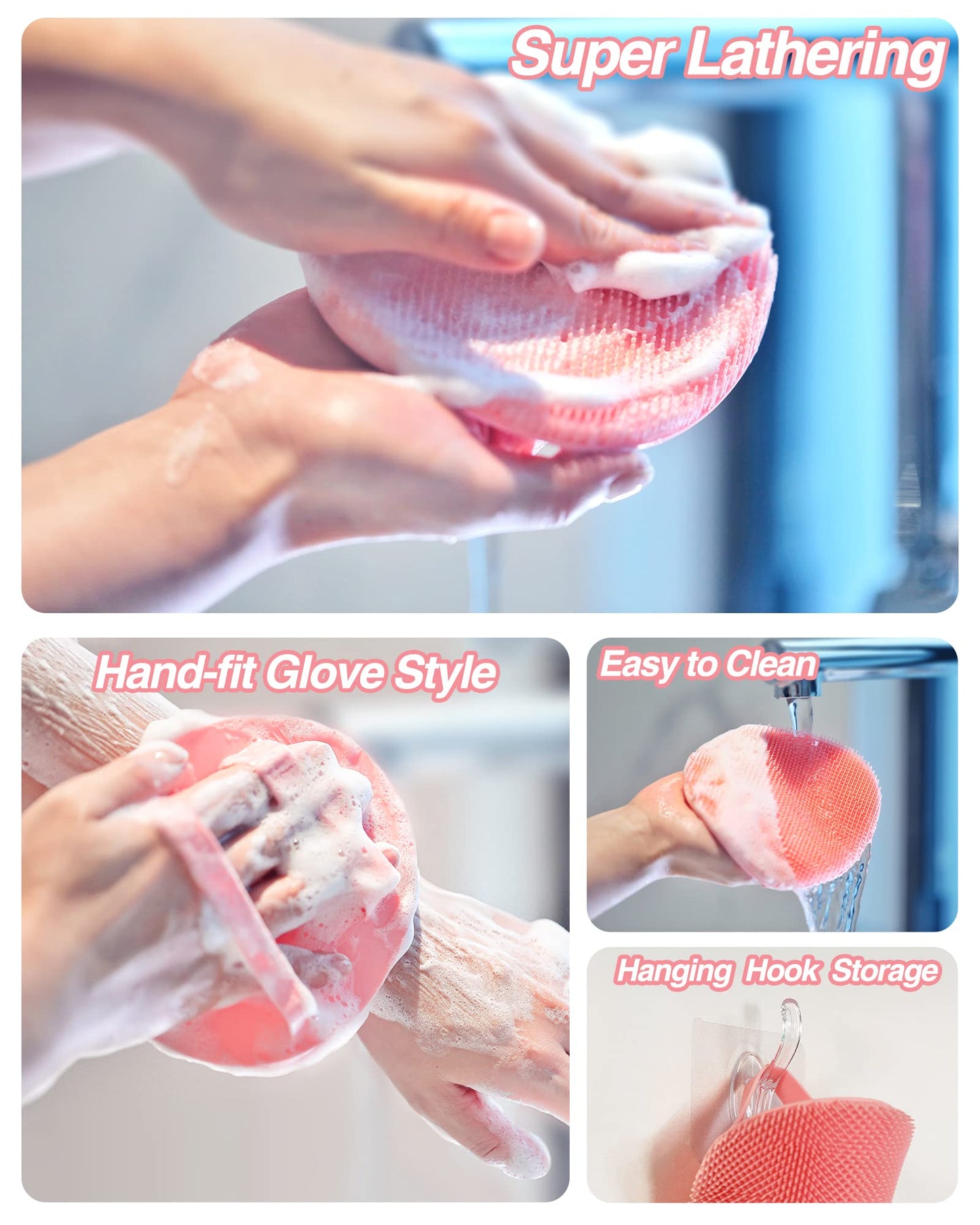 Manmihealth Silicone Back Scrubber& Soft Bath Glove Set, Super-Exfoliating Body Scrubber & Super-Lathering Shower Brush Combination, with a Free Hook.(Thin Bristles Pink)