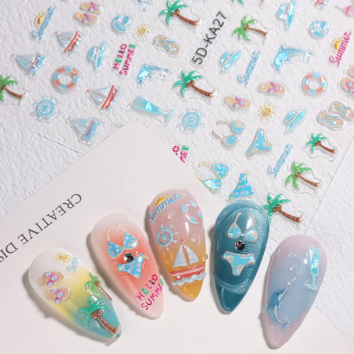 Summer Nail Stickers 5D Embossed Ocean Nail Decals Beach Nail Art Stickers 2PCS Blue Wave Fish Palm Tree Sailboat Design Adhesive Nail Art Supplies for Women Tropical Style Nail Decor