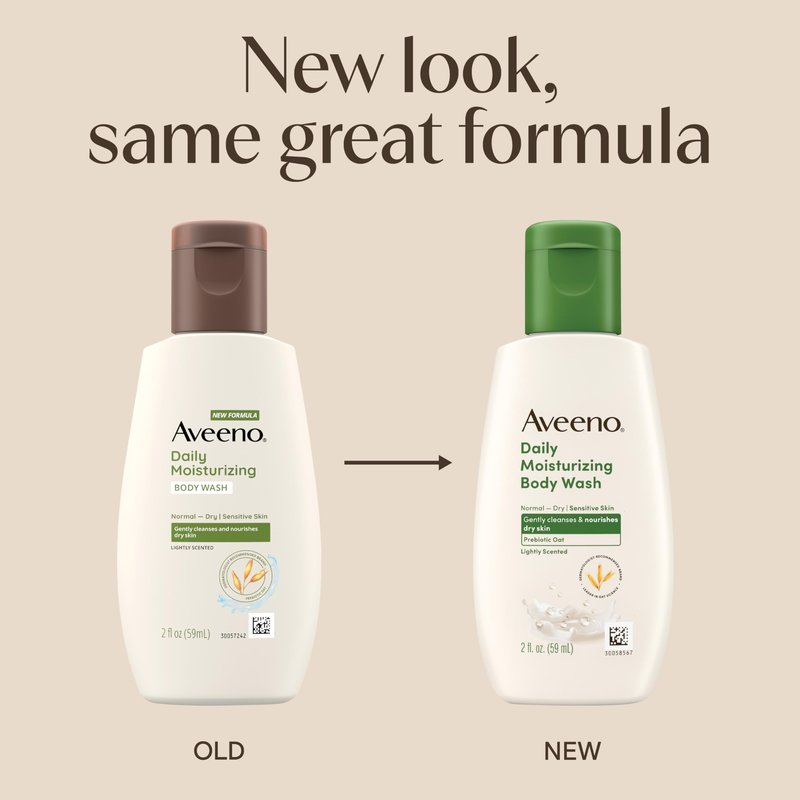 Aveeno Daily Moisturizing Body Wash for Dry & Sensitive Skin + Prebiotic Oat, Shower Body Wash Gently Cleanses & Nourishes Dry Skin, Lightly Scented, Travel-Sized, 2 fl. oz