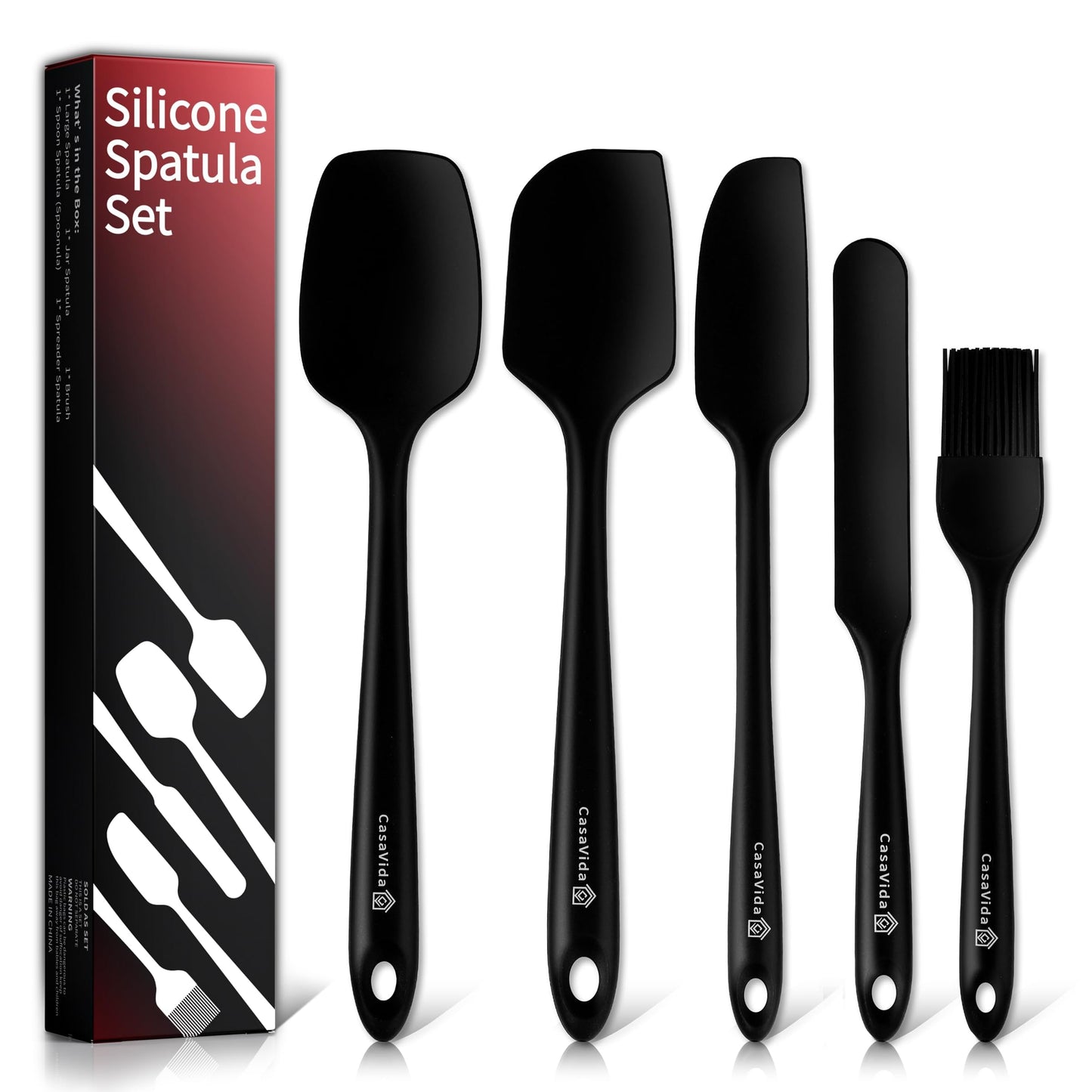 CasaVida Silicone Spatula Set One-piece Seamless High Heat Resistant Non Stick Bakery Spatula Flexible BPA Free Dishwasher Safe Kitchen Utensils Bakeware Cookware Cooking Baking Mixing Black 8pcs