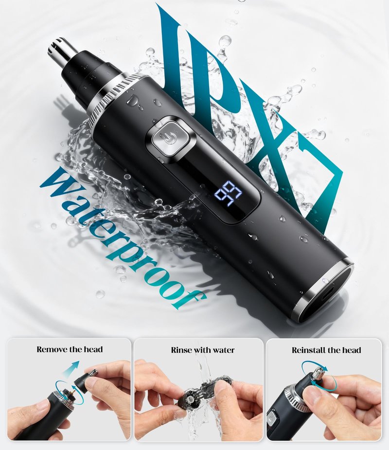 Apetexo Nose Hair Trimmer for Men and Women, Type-C Rechargeable Precision Groomer with Double-Edged Blades, Painless & IPX7 Waterproof Design for Nose, Ears, Eyebrows and Facial Hair