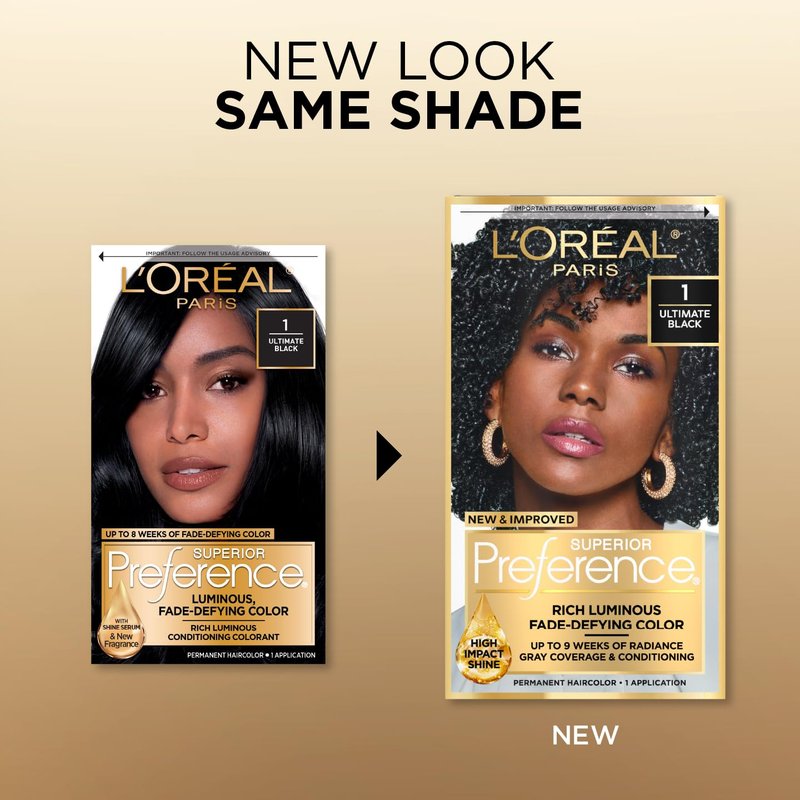L'Oreal Paris Hair Color - Superior Preference Luminous Fade-Defying Dye | Ultimate Black 1 Kit for 9 Weeks of Radiance