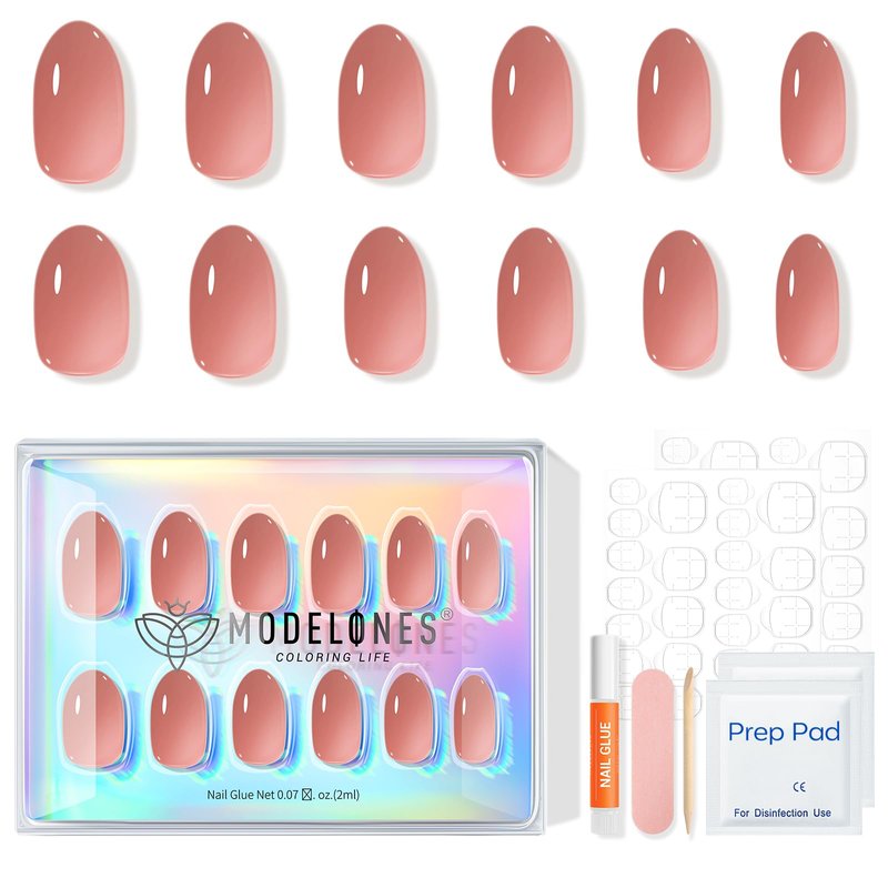modelones Sheer Milk Tea Short Press on Nails, Semi-Transparent Oval Fake Nails Kit Press Ons with Nail Glue, Adhesive Tabs, Nail File, Prep Pad, Manicure Stick, 32Pcs 16 Sizes, Spring Women Girl Gift