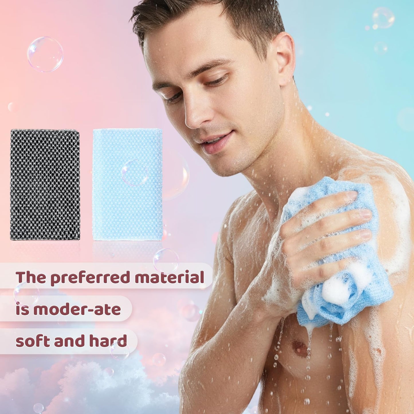 TIESOME 2 Piece Japanese Exfoliating Towel, Extra Long 35 Inch Exfoliating Washcloth for Back & Body, Deep Cleansing Body Scrub Back Scrubber for Men Women (Black, Blue)