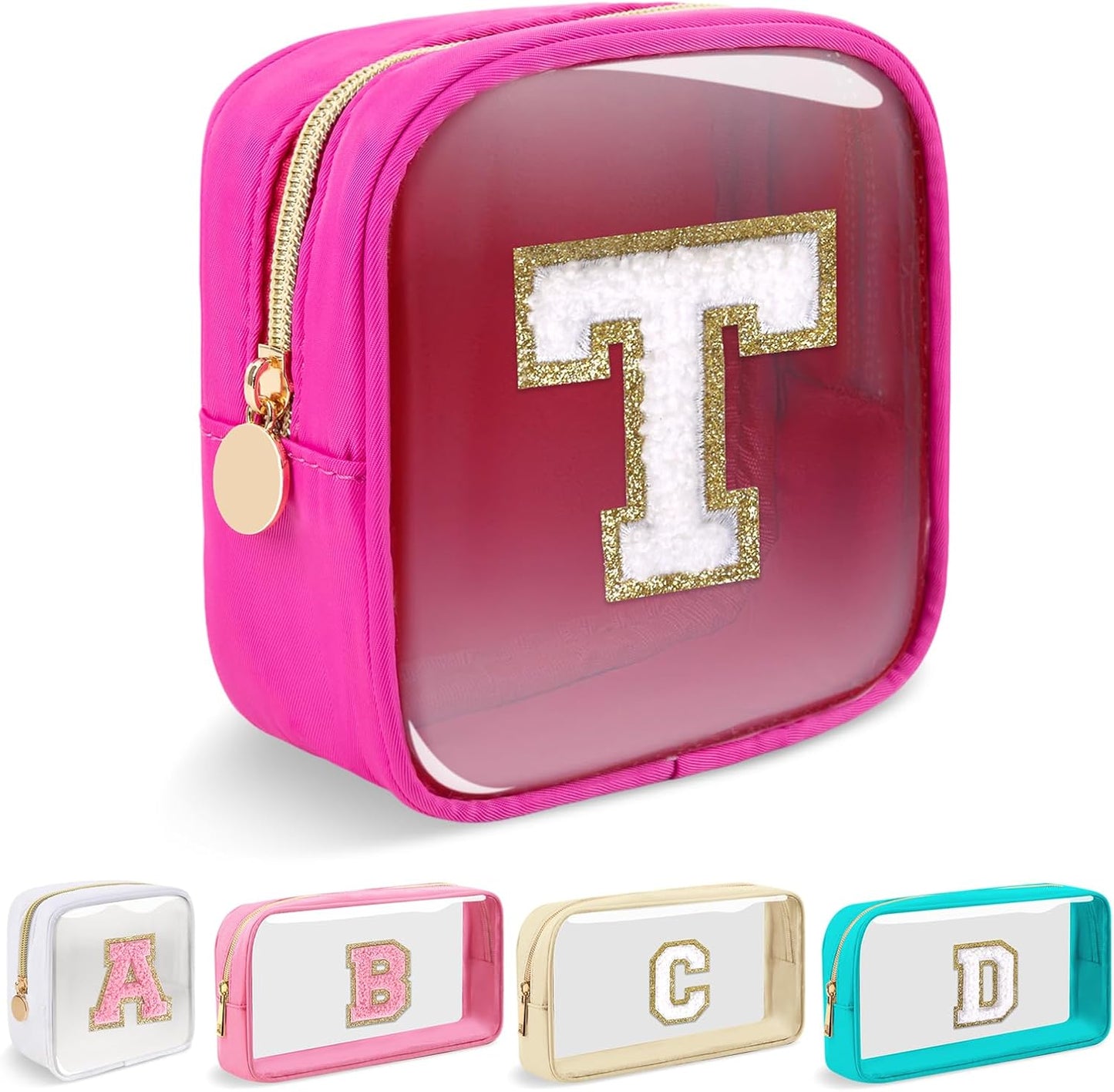 Skiennix Mini Clear Makeup Bag - Personalized Initials | Waterproof Nylon Travel Pouch (Hot Pink-White)