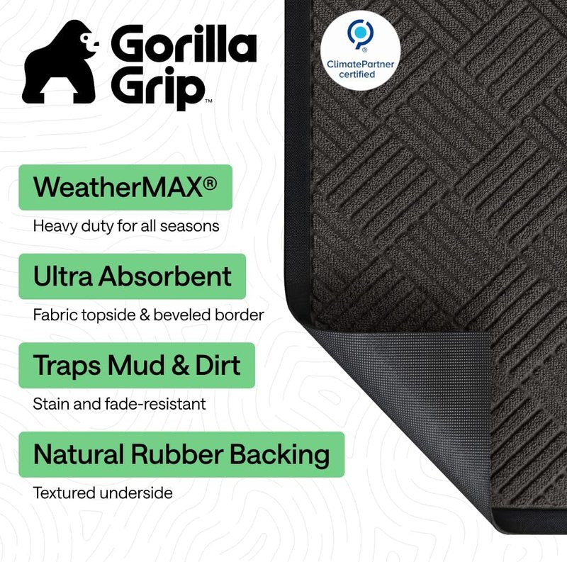 Gorilla Grip Waterproof All-Season Doormat - Natural Rubber, Stain & Fade Resistant | 29x17 Gray Diamond