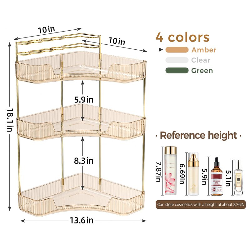 BEFSOP Corner Bathroom Counter Organizer, Upgraded 3-Tier Makeup Organizer Countertop with Makeup Brush Holder, Skincare Exquisite Vanity Organizers Countertop Bathroom Storage Dresser(GOLD)