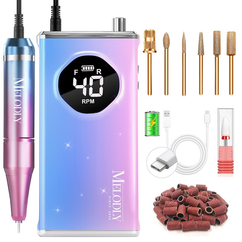 Electric Nail Drill File Professional 40000 RPM, Melodly Rechargeable Electric Nail File Machine Kit for Acrylic Gel Nails Polishing Removing, Portable Cordless Efile with Gold Bits at Salon Home