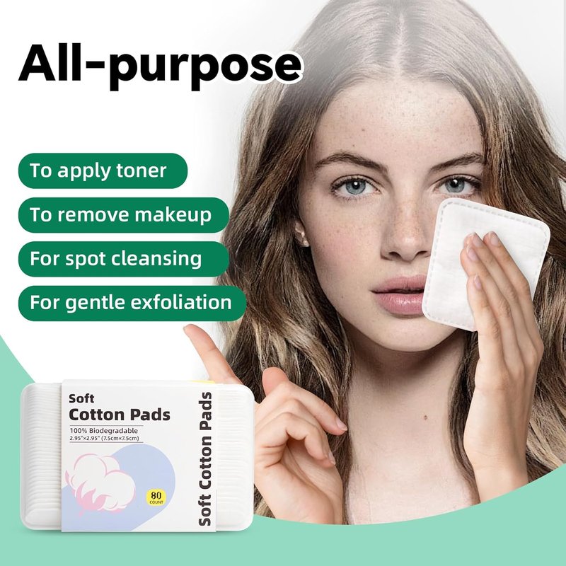 Skiennix Large Square Cotton Pads - Lint-Free, Soft, Multi-Layer for Makeup Removal | 80 Count