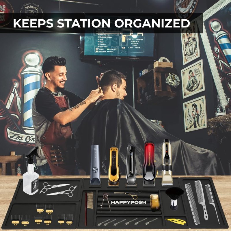 HAPPYPOSH Modular Magnetic Barber Mat Set 4PCS with 5 Strong Magnets, Extra Large Barber Station Mat, Full Workstation Setup for Clippers & Tools, Non-Slip Rubber Organizer for Professional Barbers