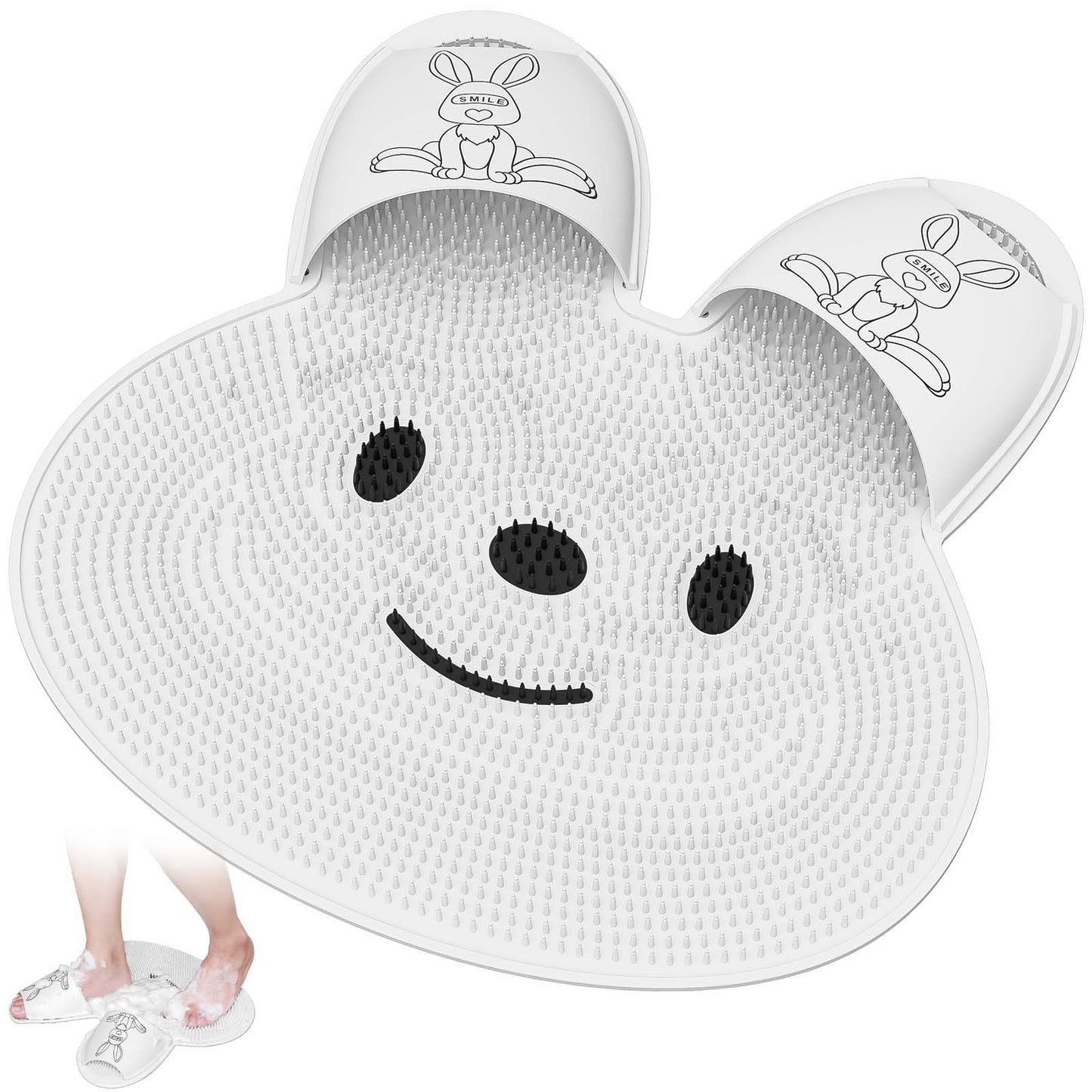 Manmihealth Extra-Large Shower Foot Scrubber Mat with Non-Slip Suction Cups, Rabbit-Shaped Silicone Foot Scrubber in Shower for Men & Women (White)