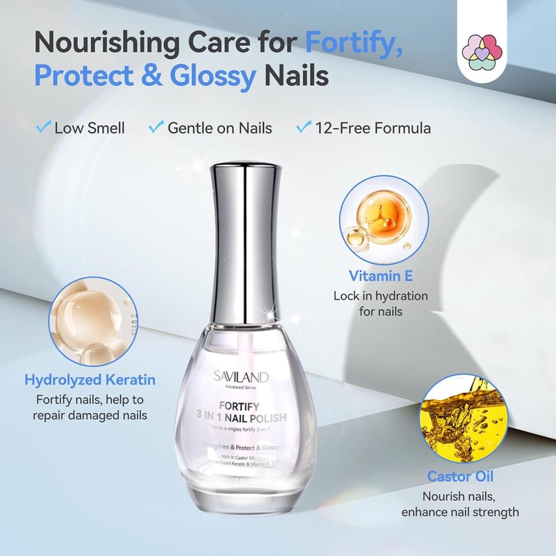 SAVILAND 3-in-1 Nail Strengthener & Top Coat - Quick-Dry Clear Polish for Damaged Nails | 15ml
