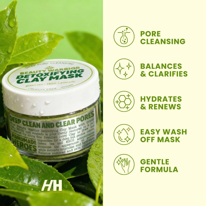 Handmade Heroes Green Tea EGCG Clay Mask – Facial Treatment Mask for Pore Minimizing, Oil Control & Calming. Detoxifying Clay Mask for Blemish Prone Skin