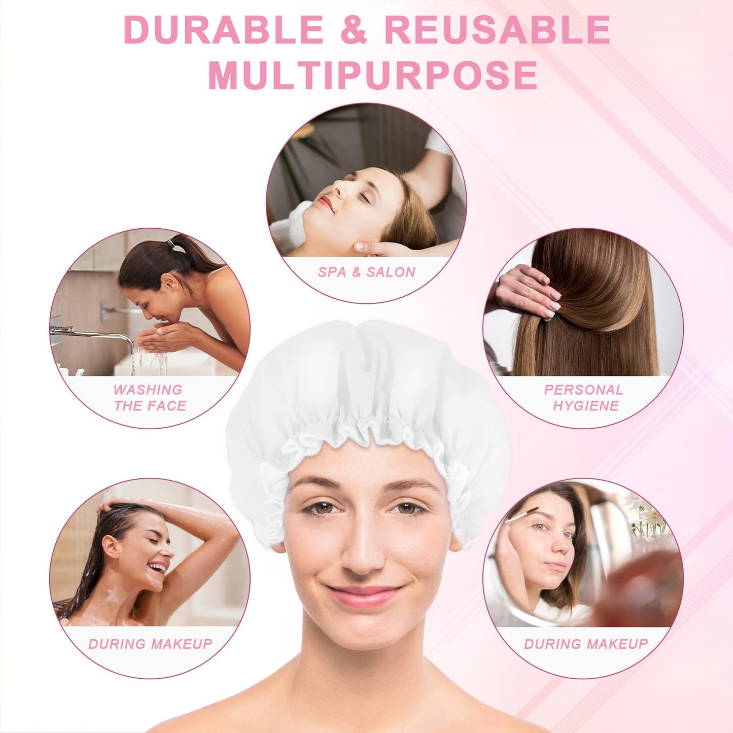 JIYIN Reusable Shower Caps for Women, Terry Cloth Lined Shower Cap Double Layer Reusable Bath Cap Waterproof Elastic Band Hair Cap for All Hair Lengths for Women Spa Home Salon Use(White)
