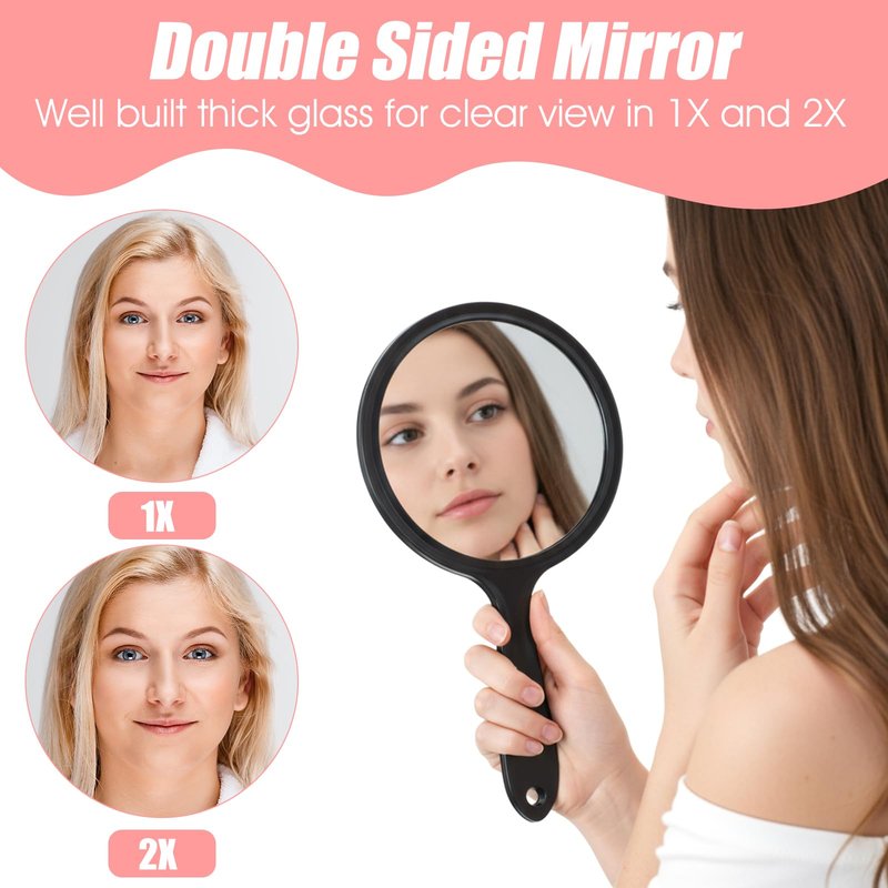 Bremorou Double Sided Mirror Handheld with Handle 1X/2X Magnifying Rounded Shape Small Hand Mirror with Handle, Acrylic Clear Finish Round Black