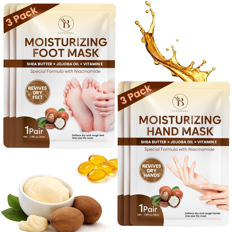 BLOOMORA Moisturizing Hand & Foot Mask Set with Shea Butter, Jojoba Oil & Vitamin E, Foot Mask for Dry Cracked Feet & Hand Moisturizer Gloves, 3 Hydrating Socks, 3 Moisturizing Gloves (3 pairs each)