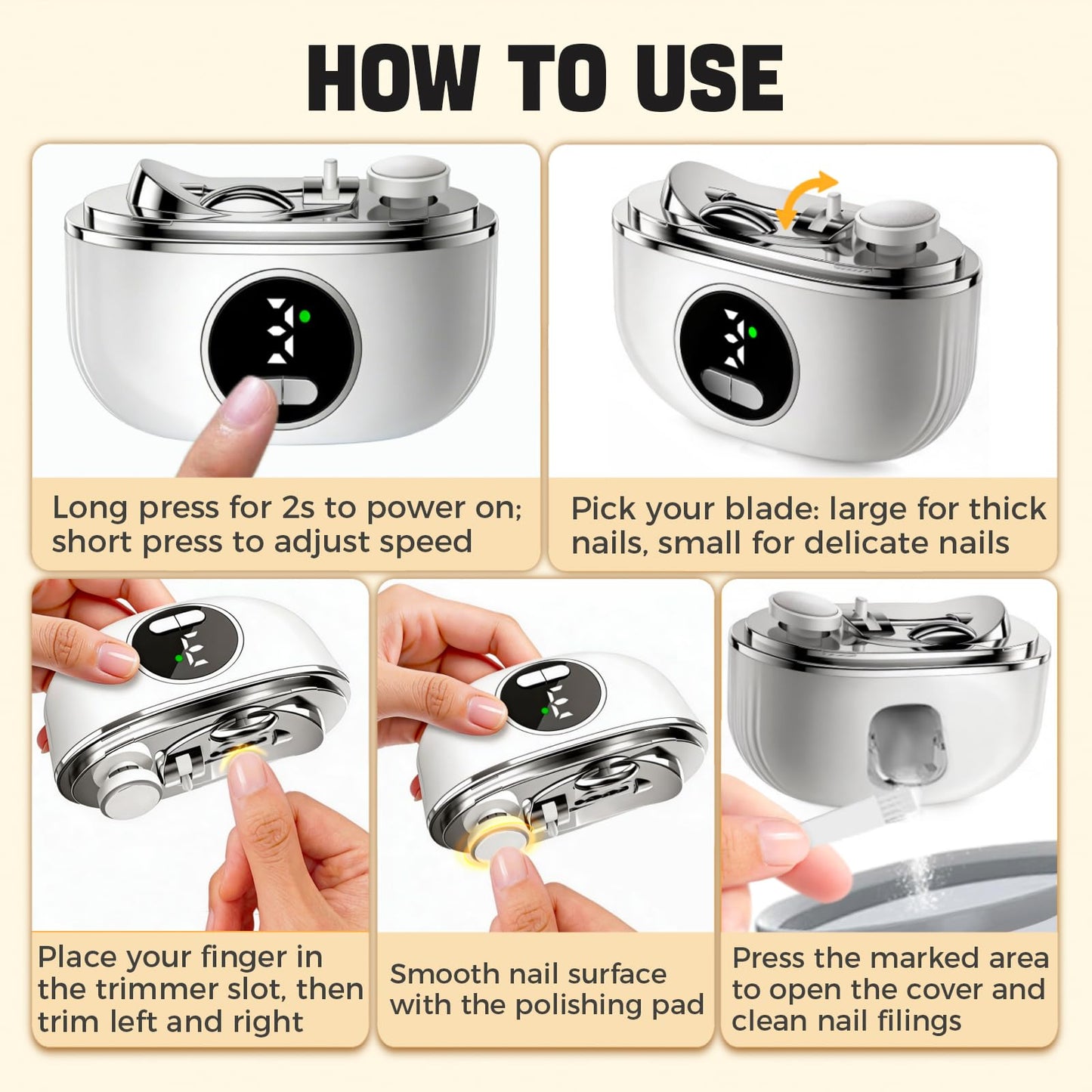 Sniqafo 3-in-1 Automatic Electric Nail Clipper, Dual-Blade Nail Trimmer with 3 Speeds LED Lamp & Storage Compartment, Rechargeable Safe Nail Care Tool for Seniors Adults Kids (White)