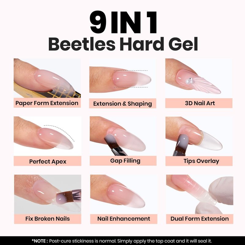 Beetles Builder Gel for Nails, 60g Large Capacity 9 in 1 Sculpture Hard Gel with Dual Nail Pen, Forms for Nail Extension & Building, Strengthener for Salon Pros Women, UV LED Lamp Needed
