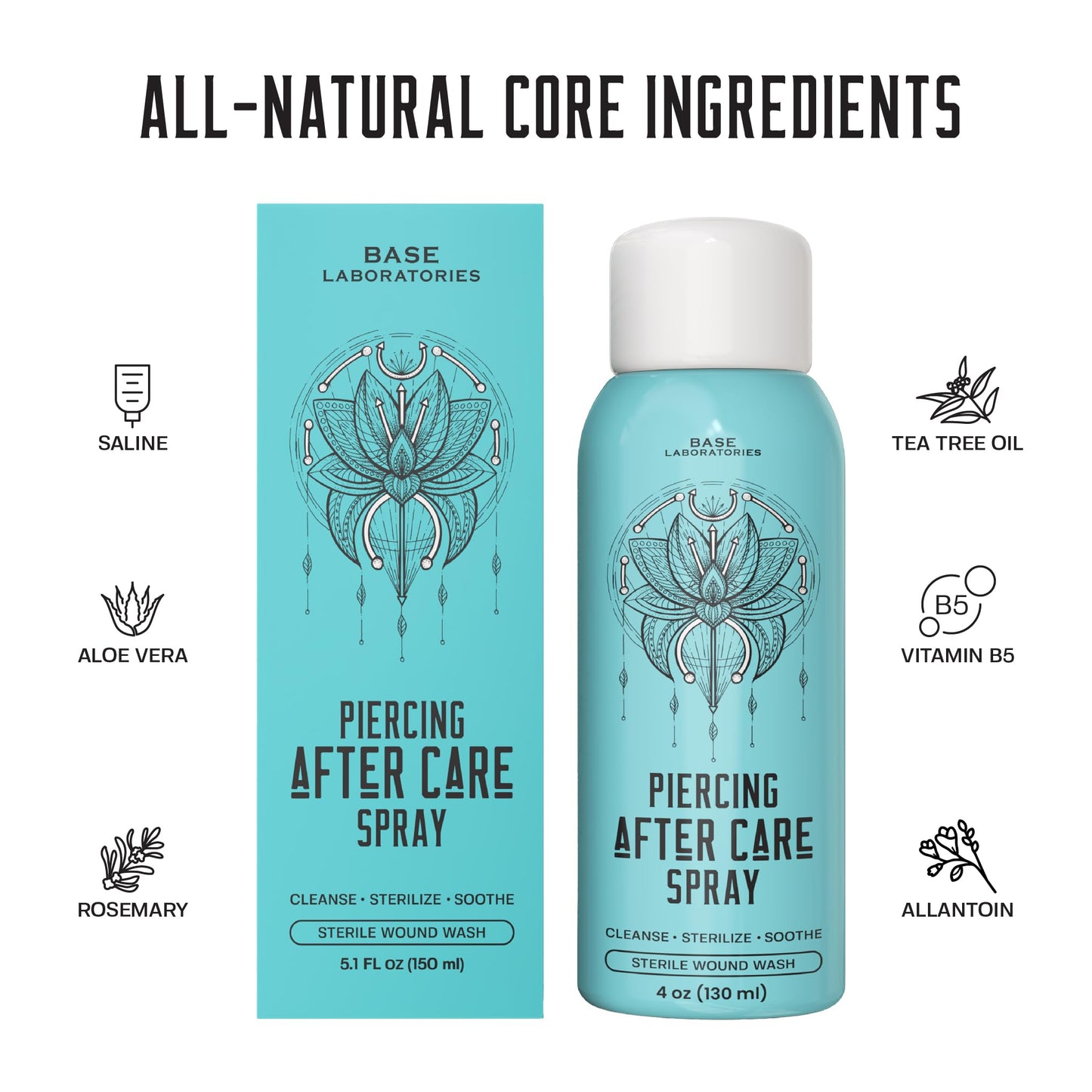 BASE LABORATORIES Piercing Aftercare Spray 4oz | Saline Spray for Piercings | Ear Piercing Cleaner Spray | Saline Solution for Piercings | Piercing & Keloid Bump Removal for Ears, Belly & Nose | 3PK
