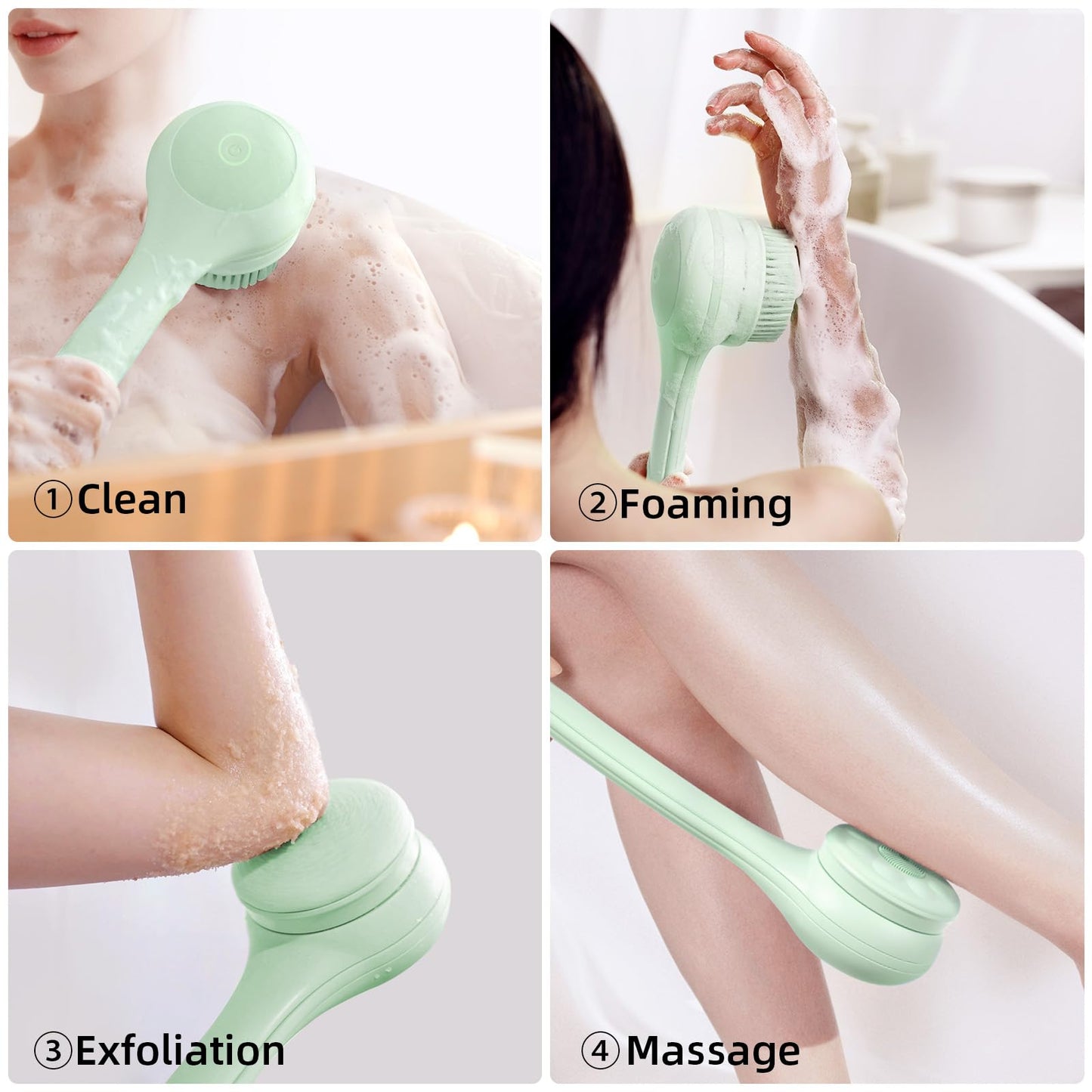Oh,XIYU. Electric Body Brush Back Scrubber for Shower, Waterproof Long Dual Handle Body Scrubber with 3 Heads, Bath Brush & 2 Speeds, for Cleansing, Exfoliating and Massaging Skin, Pale Cypress Green