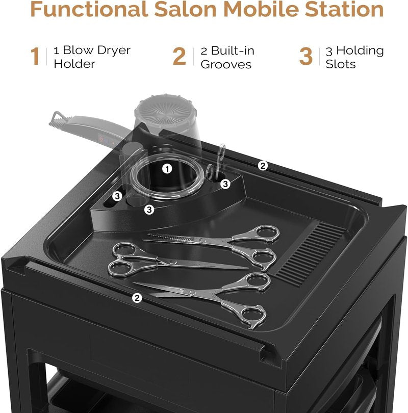 OmySalon Salon Cart for Hair Stylists - Black Rolling Organizer with 5 Drawers & Hair Dryer Holder | Beauty Spa Storage Solution